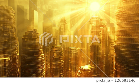 A surreal cityscape with buildings of coin stacks and financial documents, gleaming under a golden sun. A surreal cityscape with buildings of coin stacks and financial documents, gleaming under a golden sun. 126693146