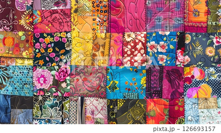An intricate quilt, crafted from colorful fabric pieces, forms a stunning and vibrant design. 126693157