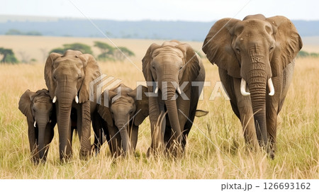 Wild elephants travel together, young ones protected and guided by elders, showcasing social bonds and intelligence. 126693162