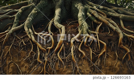 Tree roots intertwine underground, showcasing hidden support systems that foster strength and resilience. 126693163