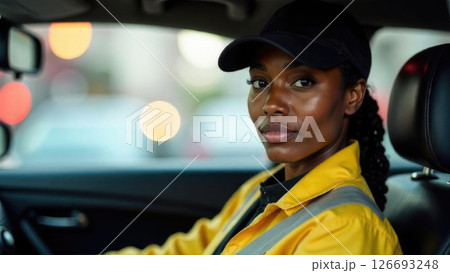 A young Black woman with braided hair sits in the driver's seat of a taxi. She wears a yellow jacket and a black cap. The background shows blurred city lights 126693248