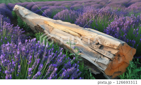 A wooden beam lies across a lavender field, the purple flowers creating a serene, picturesque scene. A wooden beam lies across a lavender field, the purple flowers creating a serene, picturesque scene. 126693311