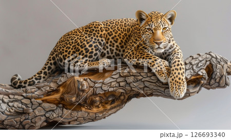 A detailed leopard sculpture captures the animal's elegance and power with lifelike features and craftsmanship. 126693340