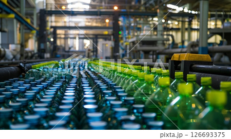 Plastic bottles are recycled at a modern facility, promoting sustainable waste management and reducing impact. 126693375