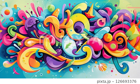 Colorful lettering art with intricate designs and lively patterns. 126693376