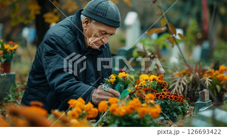 An elderly man visits a memorial park, placing flowers and honoring cherished memories of those lost. 126693422