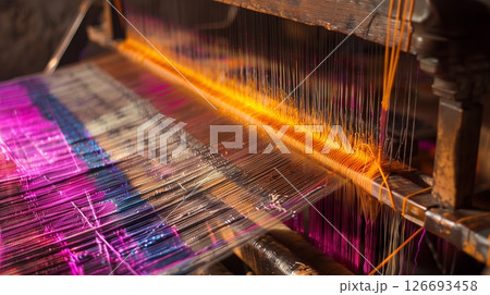 The rhythmic loom weaves vibrant, rich textiles, echoing through a workshop where artisans craft beauty. 126693458