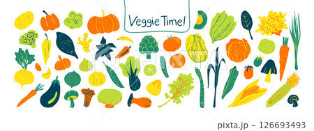 Isolated hand Drawn Vegetable Clipart Set on a transparent background. Bold vivid colorful Illustration Style. Green, orange, and yellow colors. Isolated hand Drawn Vegetable Clipart Set on a transparent background. Bold vivid colorful Illustration Style. Green, orange, and yellow colors. 126693493