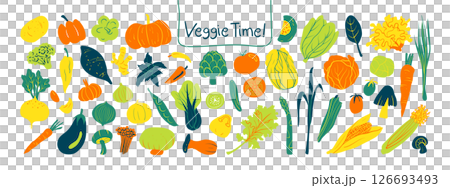 Isolated hand Drawn Vegetable Clipart Set on a transparent background. Bold vivid colorful Illustration Style. Green, orange, and yellow colors. 126693493