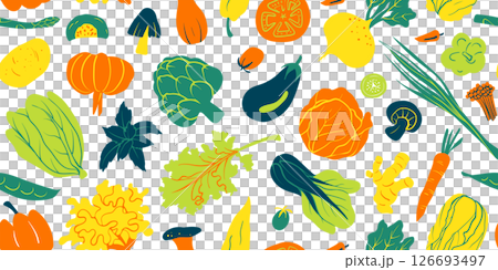 Seamless mixed vegetable pattern in minimal graphic illustration style, colorful vivid colors on a transparent background. Veggie Time! Series. Seamless mixed vegetable pattern in minimal graphic illustration style, colorful vivid colors on a transparent background. Veggie Time! Series. 126693497