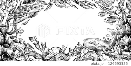 Marine underwater clip art with turtle, whale, shells, sea sponges, corals, starfish, pebbles, seaweed, fish, bubbles. Graphic illustration hand drawn in black ink. Border, template, frame EPS vector. Marine underwater clip art with turtle, whale, shells, sea sponges, corals, starfish, pebbles, seaweed, fish, bubbles. Graphic illustration hand drawn in black ink. Border, template, frame EPS vector. 126693526
