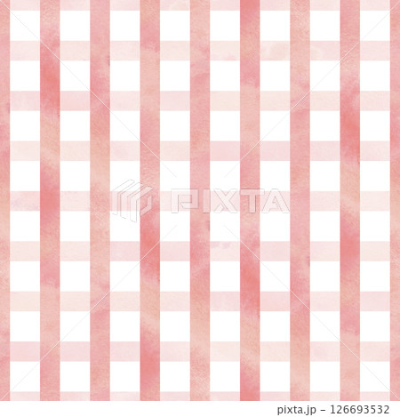 Pink checkered texture with paint and washes. Watercolor hand drawn illustration. Seamless pattern, repeating checkered ornament, simple, background, abstract, gentle and light. 126693532
