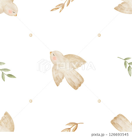 Pattern beige bird, green leaves, branches. Watercolor illustration hand drawn in children's style. Seamless print on isolated background for textile fabric, packaging, newborn clothes, tableware baby 126693545