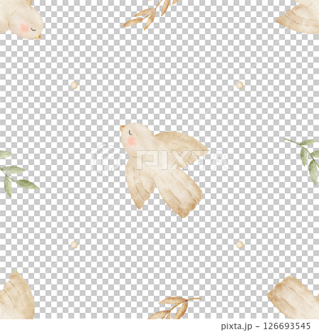 Pattern beige bird, green leaves, branches. Watercolor illustration hand drawn in children's style. Seamless print on isolated background for textile fabric, packaging, newborn clothes, tableware baby 126693545