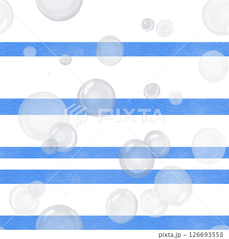 Seamless pattern with blue stripes and soap bubbles. Geometric abstract ornament. Marine style. Watercolor illustration without background. Hand drawing. High quality illustration 126693558