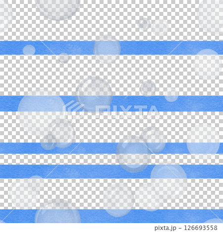 Seamless pattern with blue stripes and soap bubbles. Geometric abstract ornament. Marine style. Watercolor illustration without background. Hand drawing. High quality illustration 126693558