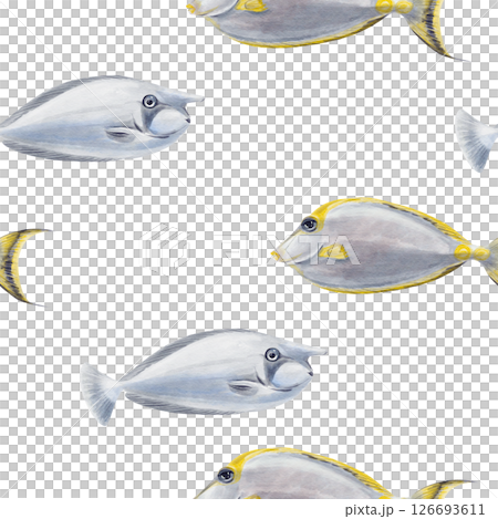 Seamless pattern with fish. Tropical rhinoceros fish with a long nose and yellow stripes. Simple ornament. Watercolor illustration without background. Realistic style. Hand drawing. Seamless pattern with fish. Tropical rhinoceros fish with a long nose and yellow stripes. Simple ornament. Watercolor illustration without background. Realistic style. Hand drawing. 126693611
