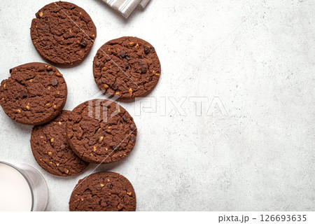 Chocolate chip cookies and glass of milk Chocolate chip cookies and glass of milk 126693635