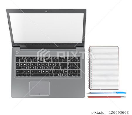 Top View of Workspace with Laptop, Spiral Notebook, Pen and Pencil. 3D Rendering isolated on white background Top View of Workspace with Laptop, Spiral Notebook, Pen and Pencil. 3D Rendering isolated on white background 126693668