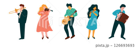 Man and Woman Play Different Musical Instrument Perform Concert in Orchestra Vector Set Man and Woman Play Different Musical Instrument Perform Concert in Orchestra Vector Set 126693693