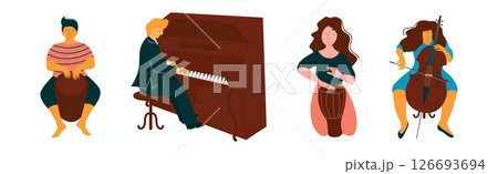 Man and Woman Play Different Musical Instrument Perform Concert in Orchestra Vector Set Man and Woman Play Different Musical Instrument Perform Concert in Orchestra Vector Set 126693694