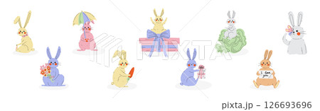 Funny Bunny Animal with Long Ears Vector Set 126693696