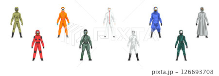 Protective Hazmat Suit of Employee of Disinfecting Services Vector Set 126693708