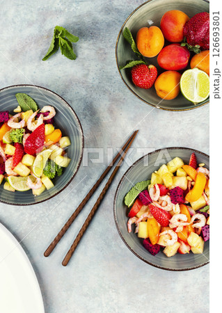Shrimp salad with fruits. Shrimp salad with fruits. 126693801