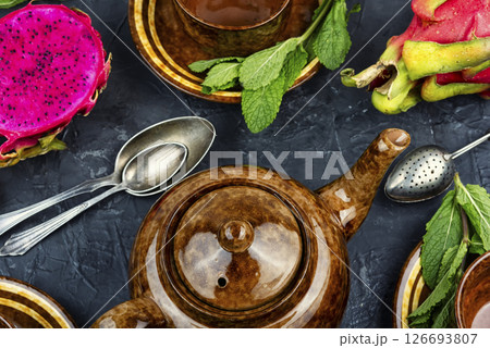 Vibrant arrangement of dragon fruit tea. Vibrant arrangement of dragon fruit tea. 126693807