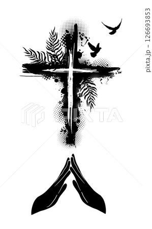 Abstraction of hands in prayer near a cross. hand drawn. Not AI, Vector Abstraction of hands in prayer near a cross. hand drawn. Not AI, Vector 126693853