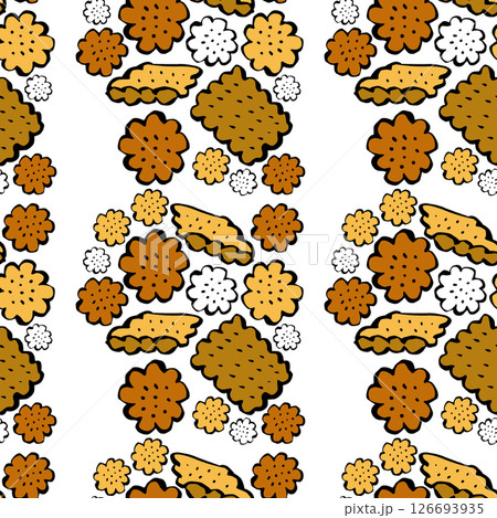Delicious cookies, crackers, biscuit cakes, in a seamless pattern in cartoon style. 126693935