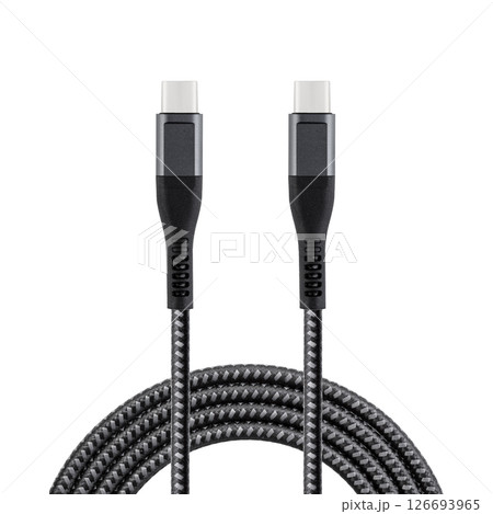 Black cable for charging and synchronization with Type - C and Type - C connectors on a white isolated background 126693965