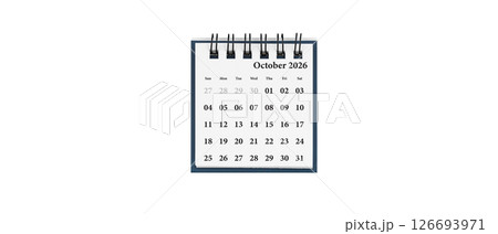 Desktop calendar for October 2026 in white colour. Mini planner for business and finance, spiral view on isolated white background Desktop calendar for October 2026 in white colour. Mini planner for business and finance, spiral view on isolated white background 126693971