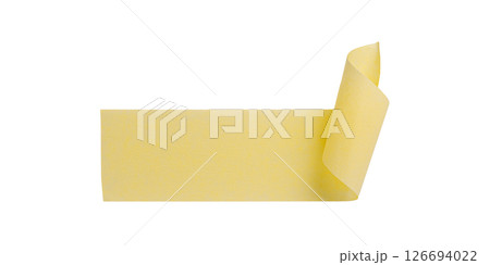 Yellow painter's tape isolated on white background, macro. Torn, crumpled, twisted strips of yellow painter's tape on white background 126694022
