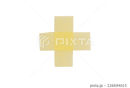 Yellow painter's tape isolated on white background, macro. Torn, crumpled, twisted strips of yellow painter's tape on white background 126694023