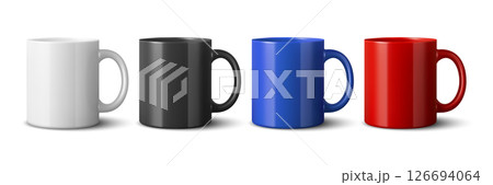 Vector 3d Realistic Coffee Mug Set for Branding and Mockup. Colorful Blank Ceramic Mugs Collection for Logo Design. Realistic Coffee Mug for Branding, Presentations 126694064