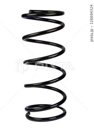Car spare part. Large metal spring on white background. cushioning spring over white background, auto spare parts. automotive suspension springs on a white background 126694324