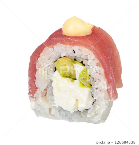 Classic sushi roll. Sushi on a white background. Japanese sushi seafood roll white background. Isolated. Classic sushi roll. Sushi on a white background. Japanese sushi seafood roll white background. Isolated. 126694339
