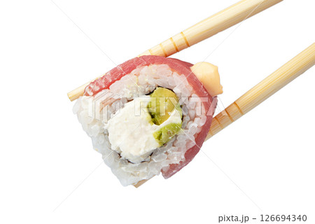Classic sushi roll. Sushi on a white background. Japanese sushi seafood roll white background. Isolated. Classic sushi roll. Sushi on a white background. Japanese sushi seafood roll white background. Isolated. 126694340