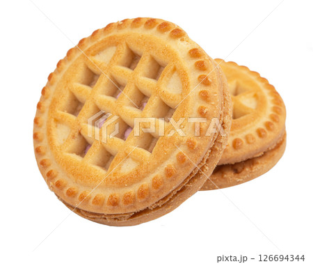Tasty sandwich cookies with cream isolated on white 126694344