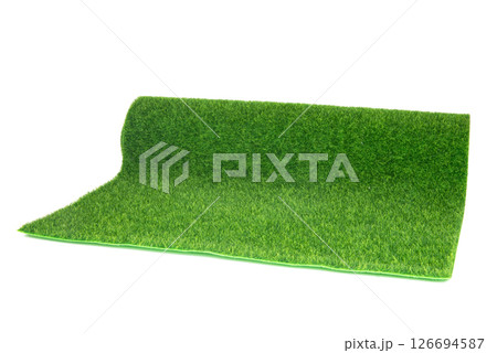Rolled artificial grass carpet on white background. Exterior element Rolled artificial grass carpet on white background. Exterior element 126694587