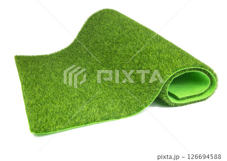 Rolled artificial grass carpet on white background. Exterior element Rolled artificial grass carpet on white background. Exterior element 126694588