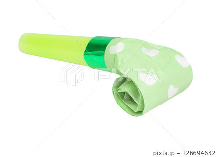 Green horn noisemaker rolled for party isolated on the white background 126694632