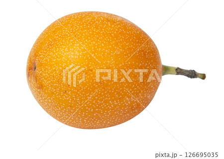 Granadilla. Whole yellow passion fruit and half isolated on white background 126695035