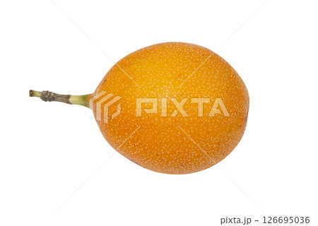 Granadilla. Whole yellow passion fruit and half isolated on white background 126695036