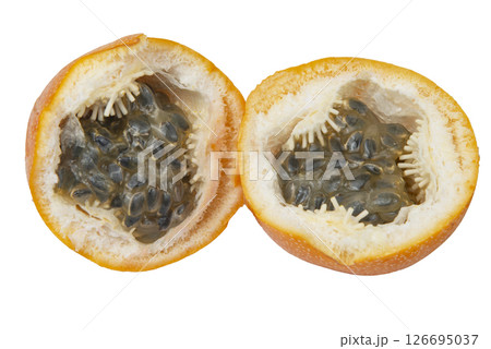 Granadilla. Whole yellow passion fruit and half isolated on white background Granadilla. Whole yellow passion fruit and half isolated on white background 126695037