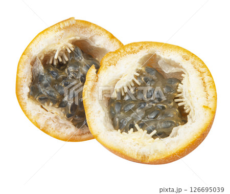 Granadilla. Whole yellow passion fruit and half isolated on white background Granadilla. Whole yellow passion fruit and half isolated on white background 126695039