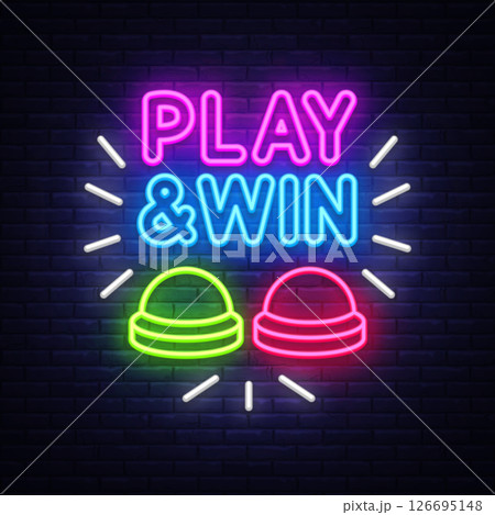 Play and win quiz neon sign. Vector illustration with glowing buttons and bright text PLAY AND WIN on dark wall. 126695148