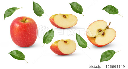 Red apples set isolated. Whole fruit , slices, half and leaves. Design elements with clipping path. 126695149