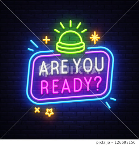 Quiz neon sign with buzzer and stars. Vector illustration with glowing button and text ARE YOU READY on dark wall. Perfect for quiz shows, games, and event intros Quiz neon sign with buzzer and stars. Vector illustration with glowing button and text ARE YOU READY on dark wall. Perfect for quiz shows, games, and event intros 126695150